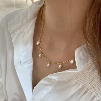 

Korean Style 18K Gold Plated S925 Silver Pearl Pendant Necklaces Sterling Silver Link Chain Irregular Pearl Necklace For Mother