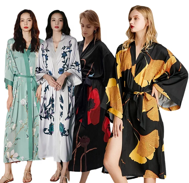 

Drop Shipping Custom Wholesale Women Print Bathrobe Floral Kimono Robes Satin Robe for woman, Shown