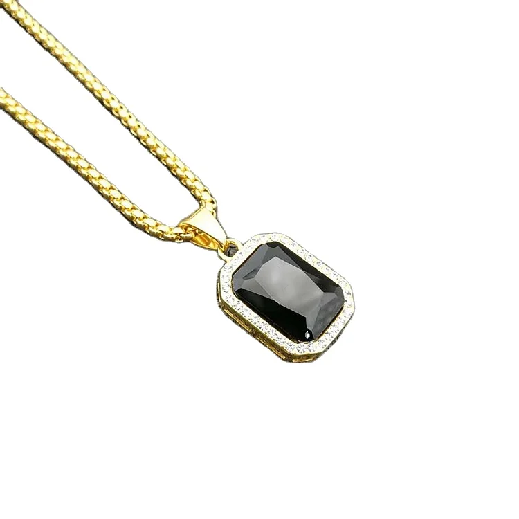 

Hip Hops Gold Plated Diamond Paved Titanium Square Colored Gemstone Pendant Necklace Colored Square Gemstone Pendant Necklace