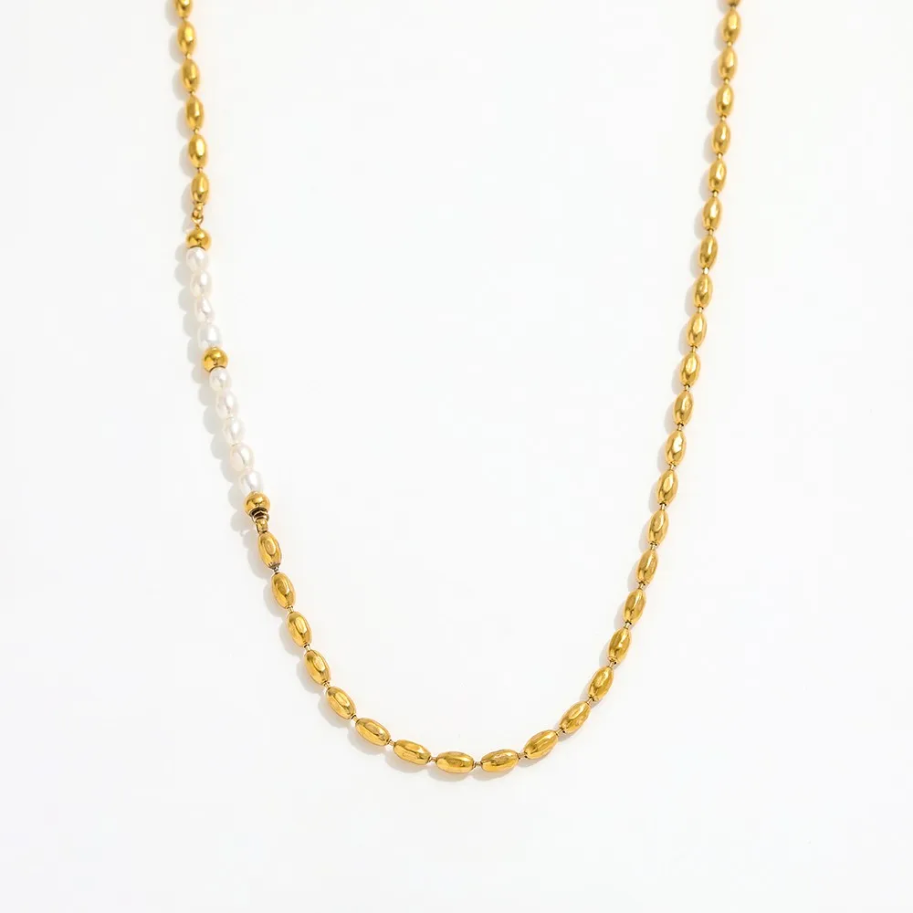 Joolim Jewelry 18K Gold Plated Imitation Pearl Dainty Chain Beads Mixed Necklace Stainless Steel Jewelry Wholesale