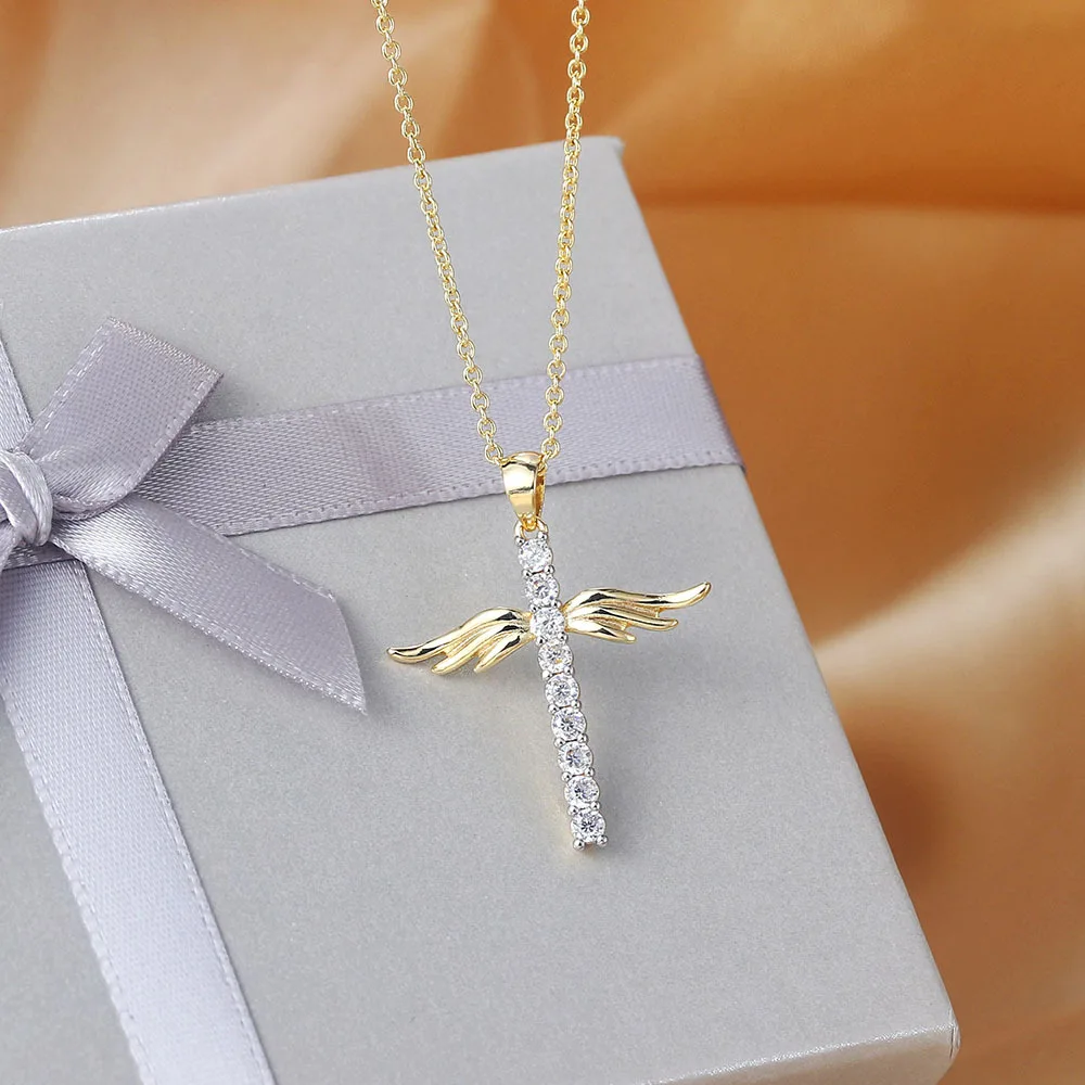 

2021 Hot Sale Christian Prayer Angle Wing Cross Necklace 18K Gold Plated Zircon Cross Necklace For Girls