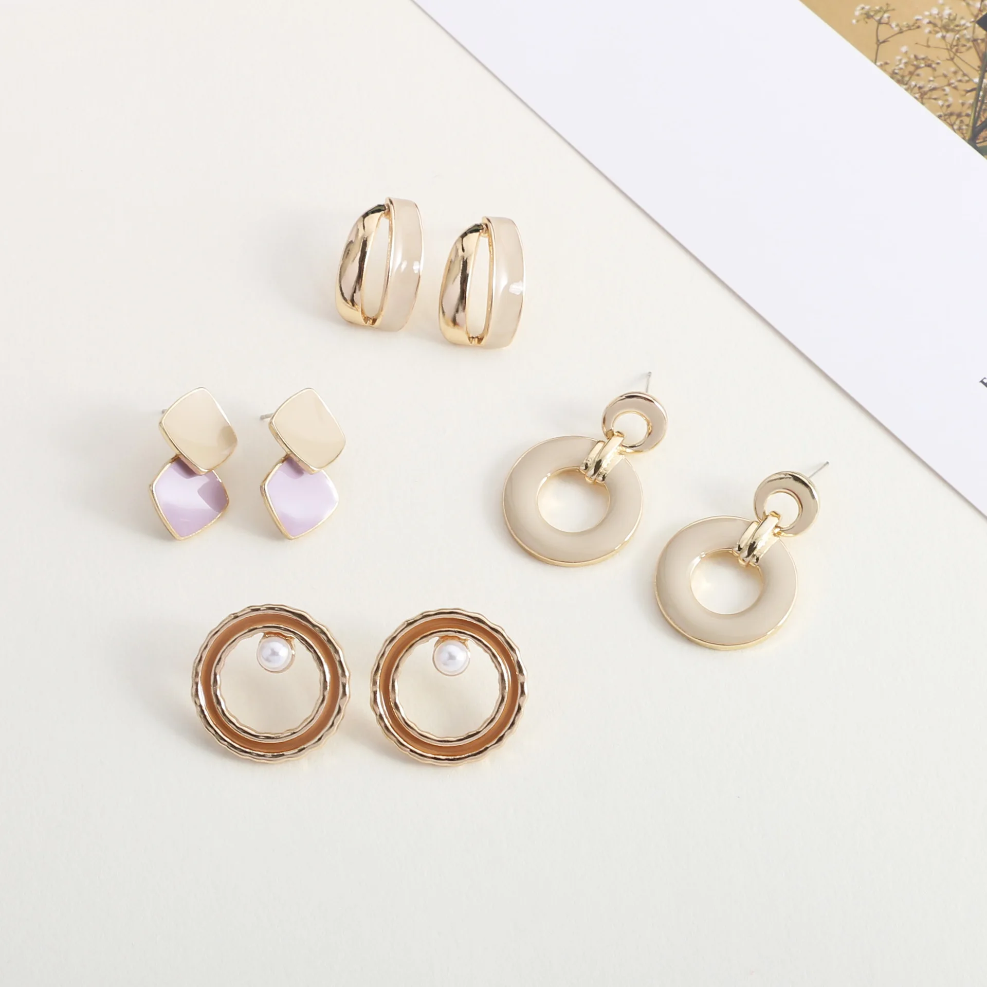 

JUHU 2021 beige drop of oil alloy earrings geometric square earring temperament 925 silver needle round alloy jewelry for women, Colorful