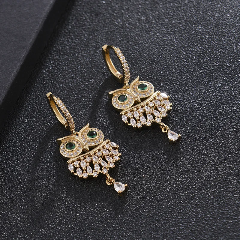 

Luxury Real Gold Plating Full Diamond Owl Statement Earrings Micro Pave CZ Emerald Eye Owl Hoop Earrings