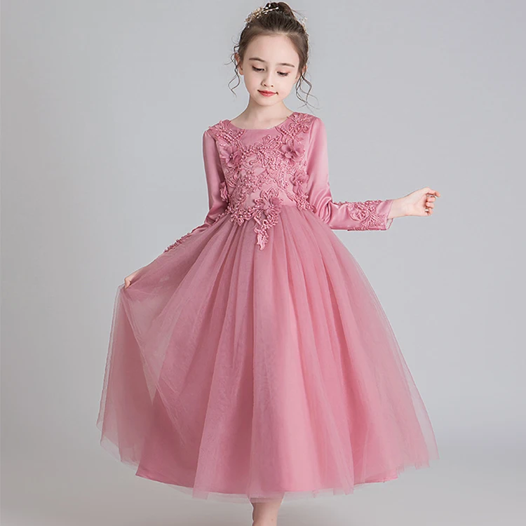 

2019 fluffy flower girls dress long sleeve piano costume dress maxi length winter host evening dress