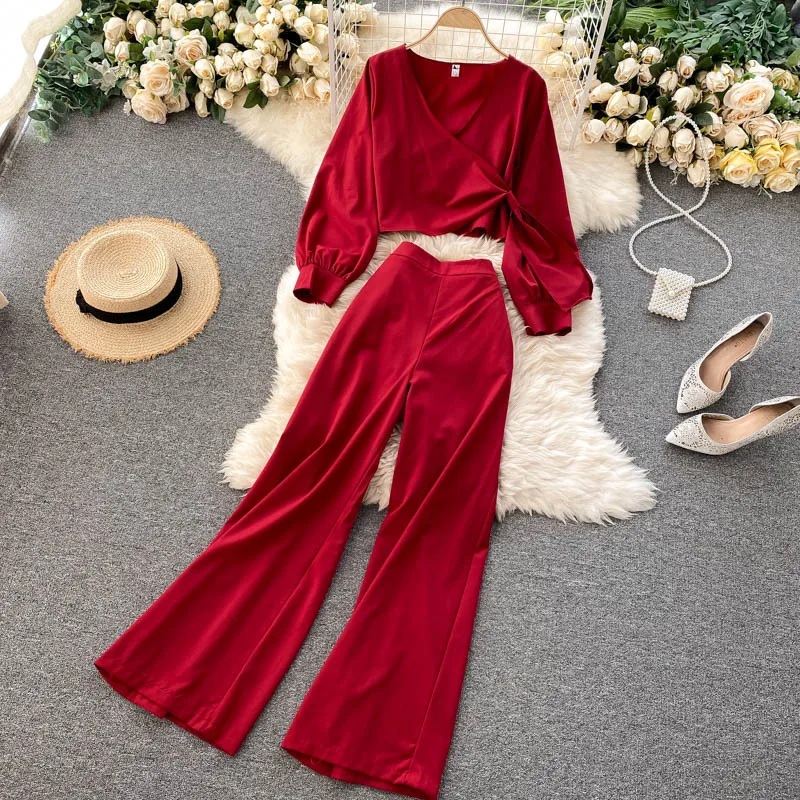 

Casual Pants Wide Leg Pants High Waist Straight Pants Two Piece Suit V Neck Top, Picture color