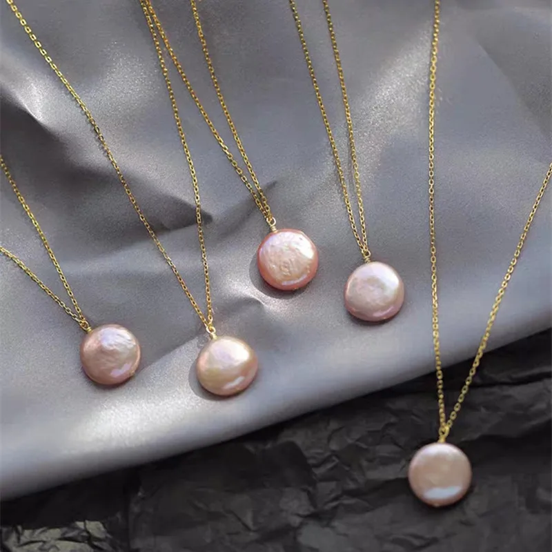 

Low MOQ  coin natural rose color fresh water gold pearl pendant, Natural white, pink