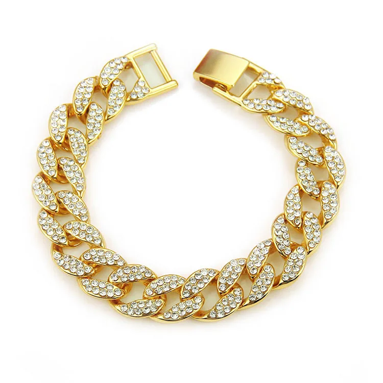 

Cuban Thick Link Chain Bracelet Punk Luxury Crystal Bracelets for Women Men Jewelry Gold Color Rhinestone Bangles Bling New