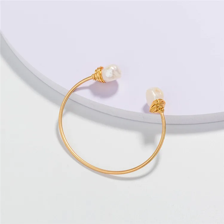 

Fashion Gold Metal Natural Pearl Cuff Wire Bangles Bangle White Pearl Open Bangle Bracelet, Picture