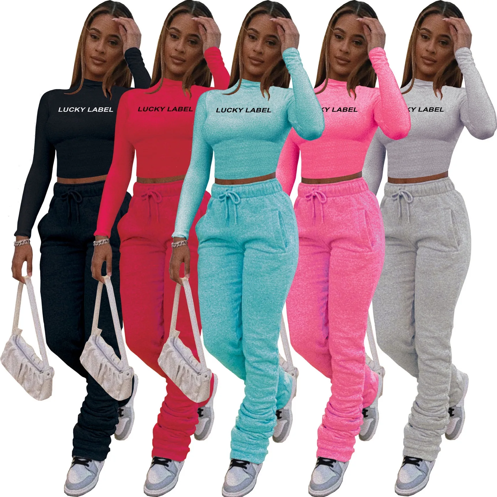 

hot sale fall long sleeve choker crop top with stacked joggers lucky label two piece set gym sports workout running wear, 5color as picture