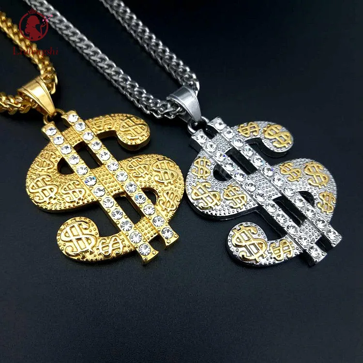 

2021 New Design Hip Hops Gold Color Chain Necklace Stainless Steel Micro Inlay Zircon US Dollars Necklace With Dollar Sign