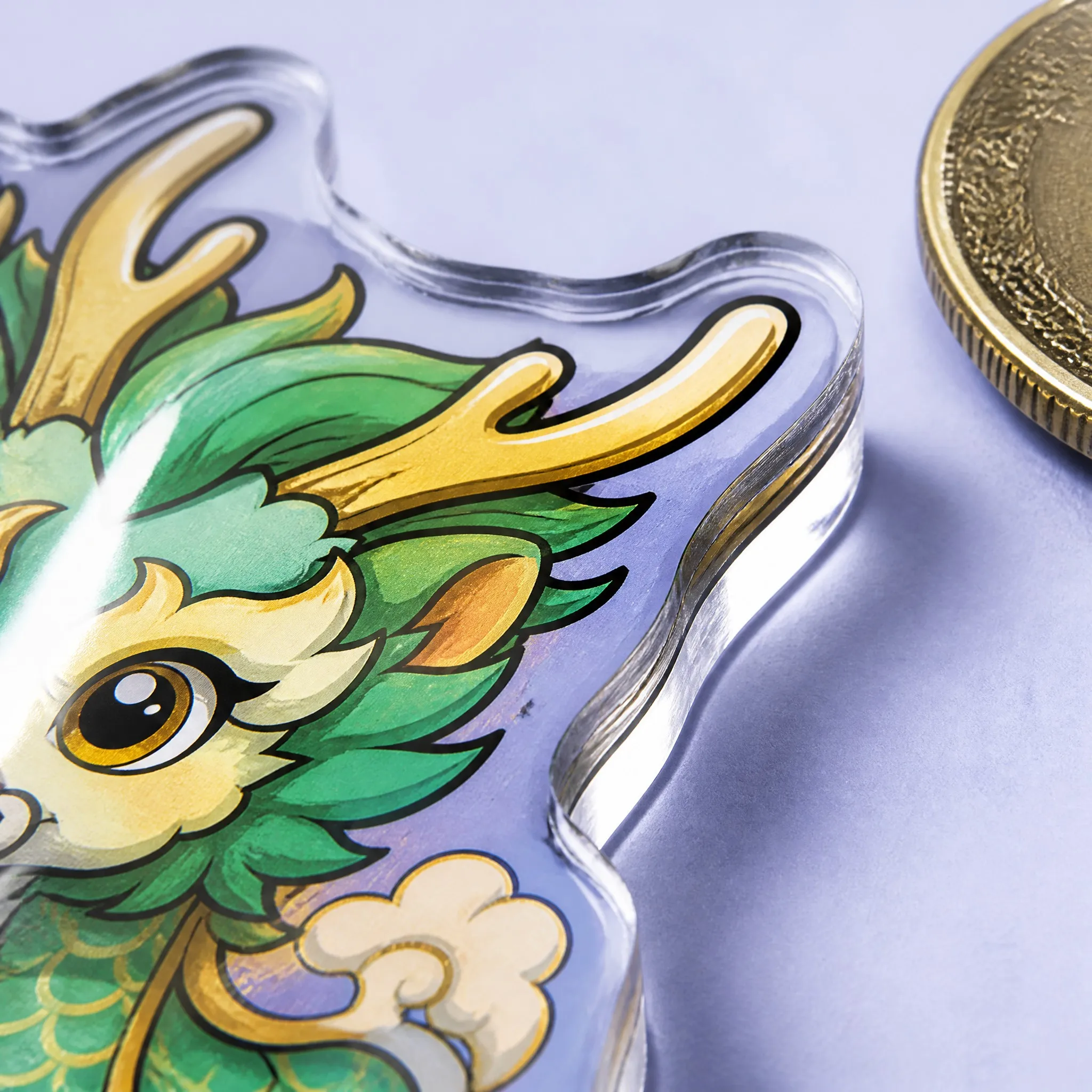 4K Macro Close-up of Diamond Polished Acrylic Edge, Transparent Bevel and Glossy Jade Dragon UV Print