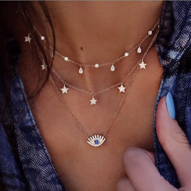 

Fashion Jewelry Multi Layers Crystal Rhinestone Star Necklace Rhinestone Turkish Evil Eyes Pendant Necklace