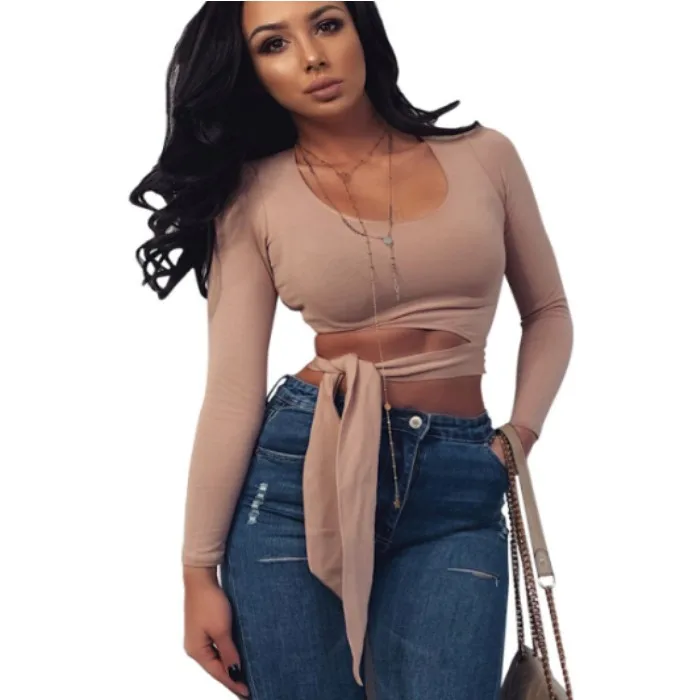 

fashion cotton t shirt women tops tee short bandage long sleeve shirt autumn crop top clothes Y12602