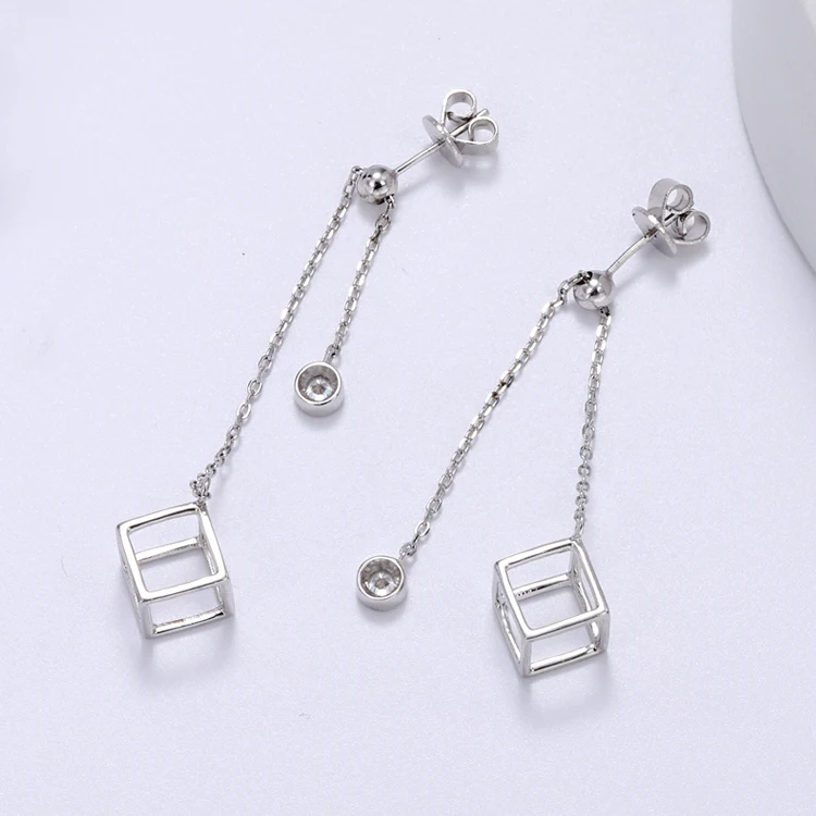 

925 Silver Ladies Jewelry White CZ Tassel Drop Earrings Cubic Shaped Geometry Pendant Chain Earrings