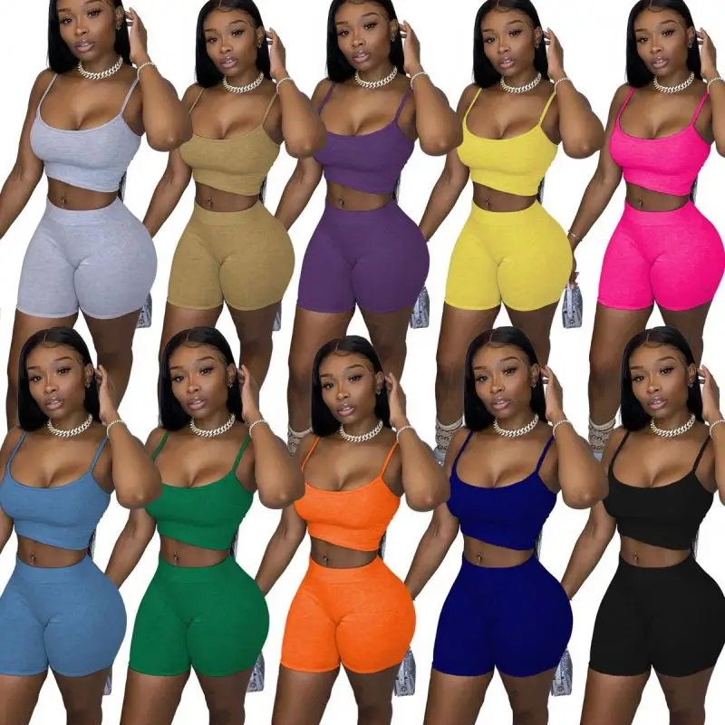 

sling vest Tight fitting Sports shorts suit women clothing 2021 Solid color Camisole bodycon Sports shorts Two Piece Set