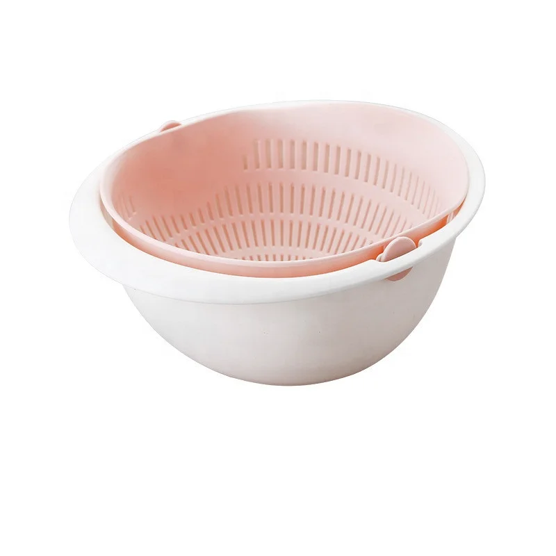 

Wholesale Multifunctional Double-layer Colorful Plastic Rotating Bowl Drain Basket Strainer for Kitchen Fruit Vegetable Washing, Gray white pink apricot