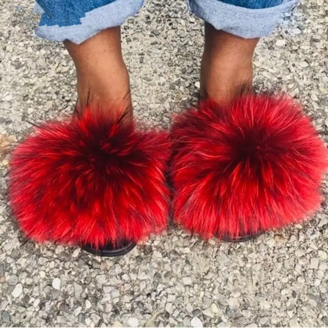 

Fur slippers bulk fox fur slippers racoon real fox fur indoor outdoor slippers, Color matching or can be customized according to requirements