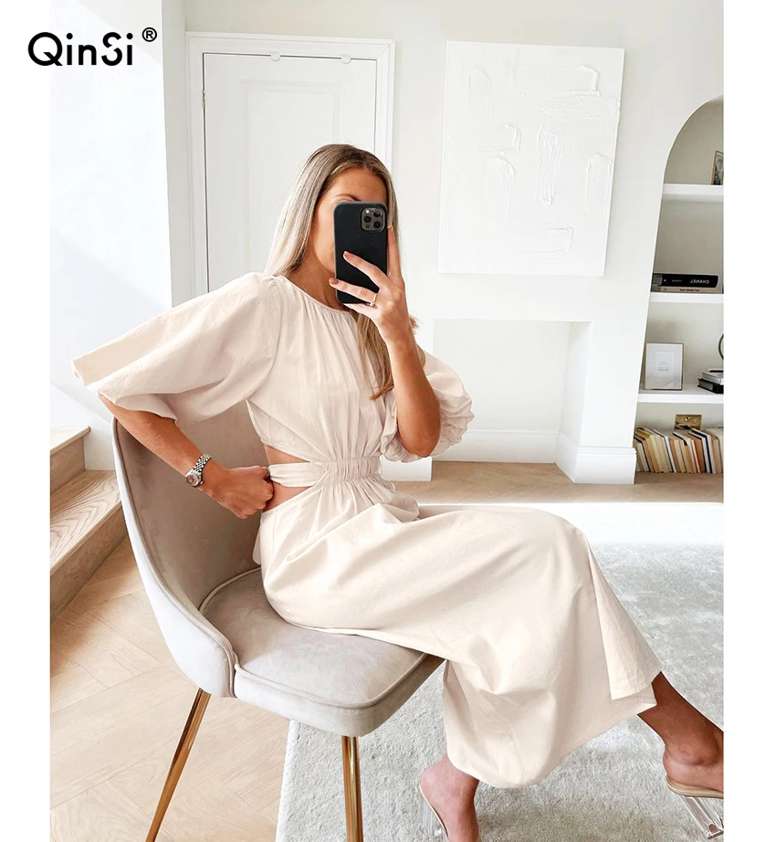 

QINSI Cotton Green Summer Women Puff Sleeve High Waist Lace Up Round Neck Solid A-Line Midi Dresses Sexy Hollow Out Long Dress