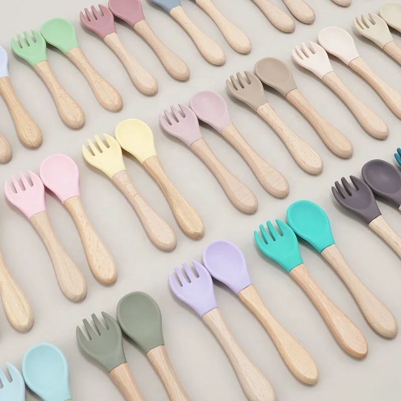 

Amazon Hot Sale Eco Friendly Tableware BPA Free Food Grade Silicone Bamboo Handel Feeding Fork And Spoon Set For Babies, Purple & brown & green & blue & pink