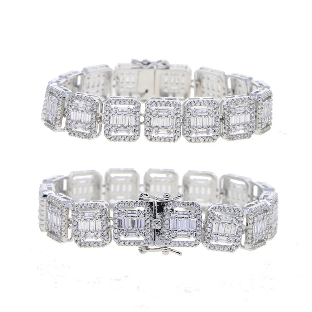 

silver plated iced out bling hip hop men jewelry 5A cubic zirconia cz geometric square shape tennis bracelet
