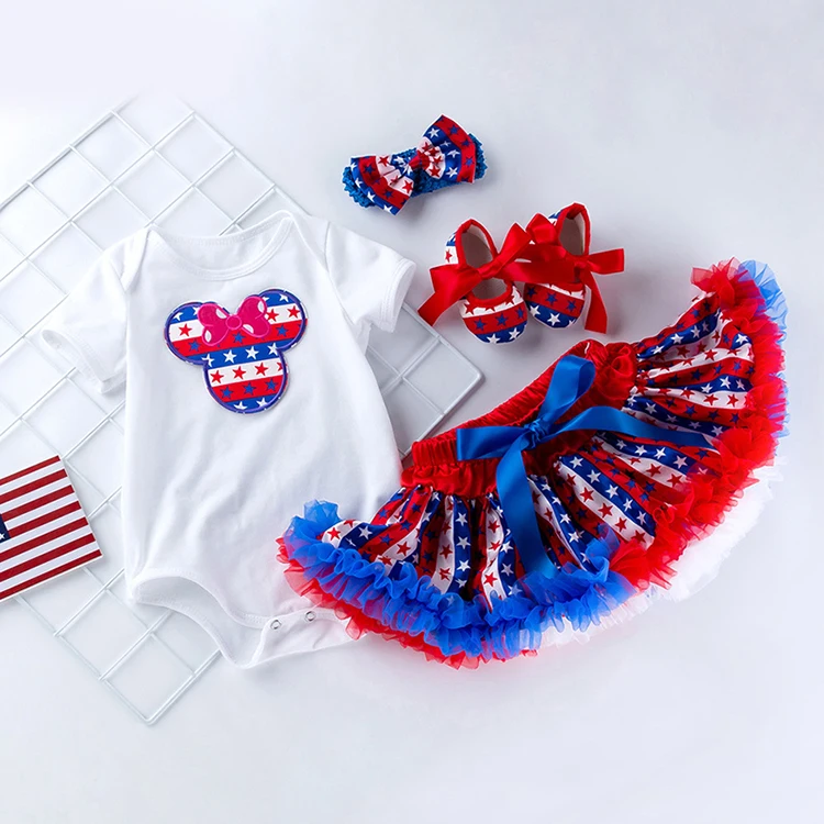 

3pcs Summer New US Flag Independence Day Newborn Toddler Baby Girl 4th of July Romper Tutu Skirt Headband Set, Picture shows