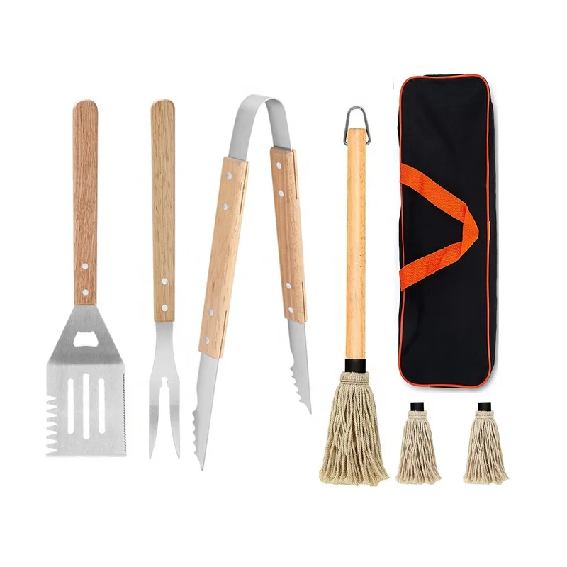 

High Quality Outdoor Cooking BBQ Tool Wood Handle Stainless Grill Set BBQ Grill Tool Set With Basting Mop
