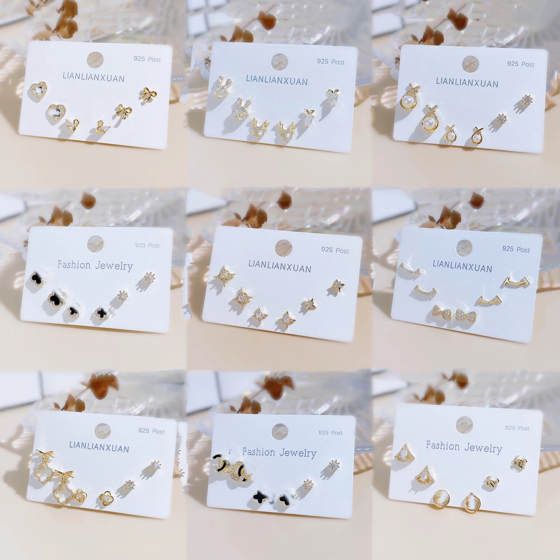

One card 3 pairs real gold plating S925 silver needle zircon brass stud earrings for women jewelry