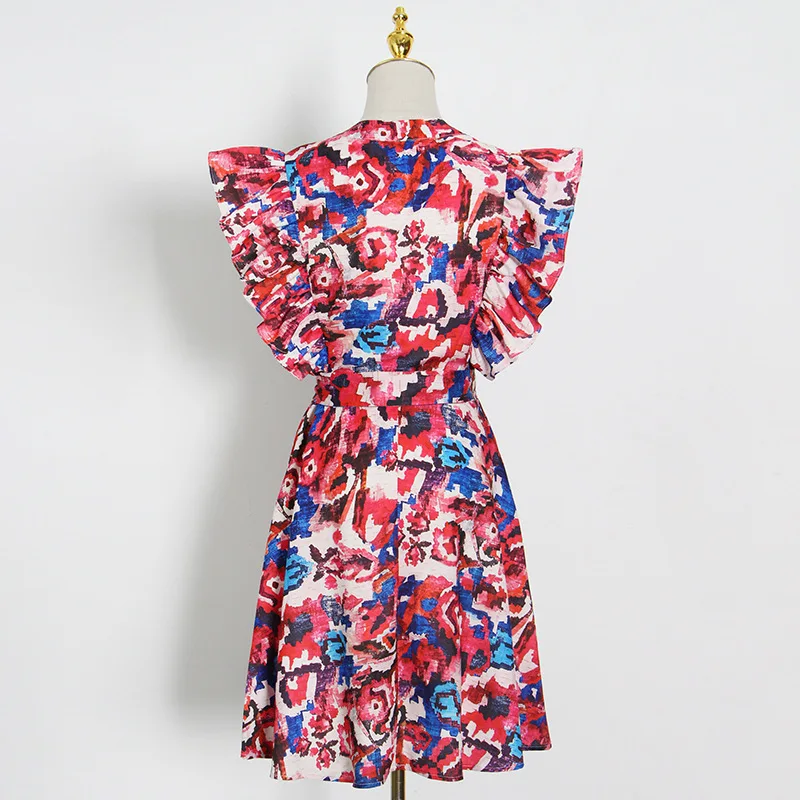 

2021 spring and summer women's new V-neck ruffled flying sleeve dress lace color print dress women's dress, Red,blue