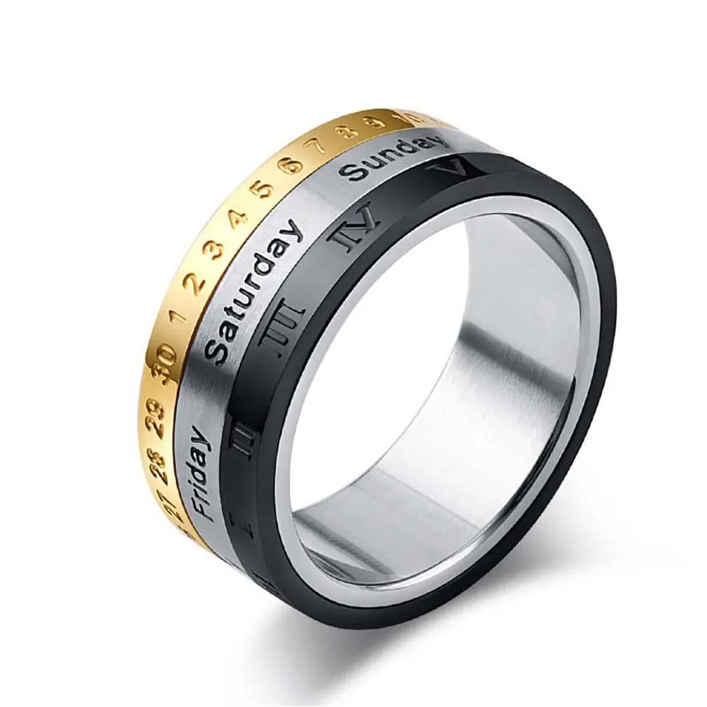 

Rotatable Numbers Roman Numerals Time Week Spinner Ring Stainless Steel Jewelry Ring, As pic