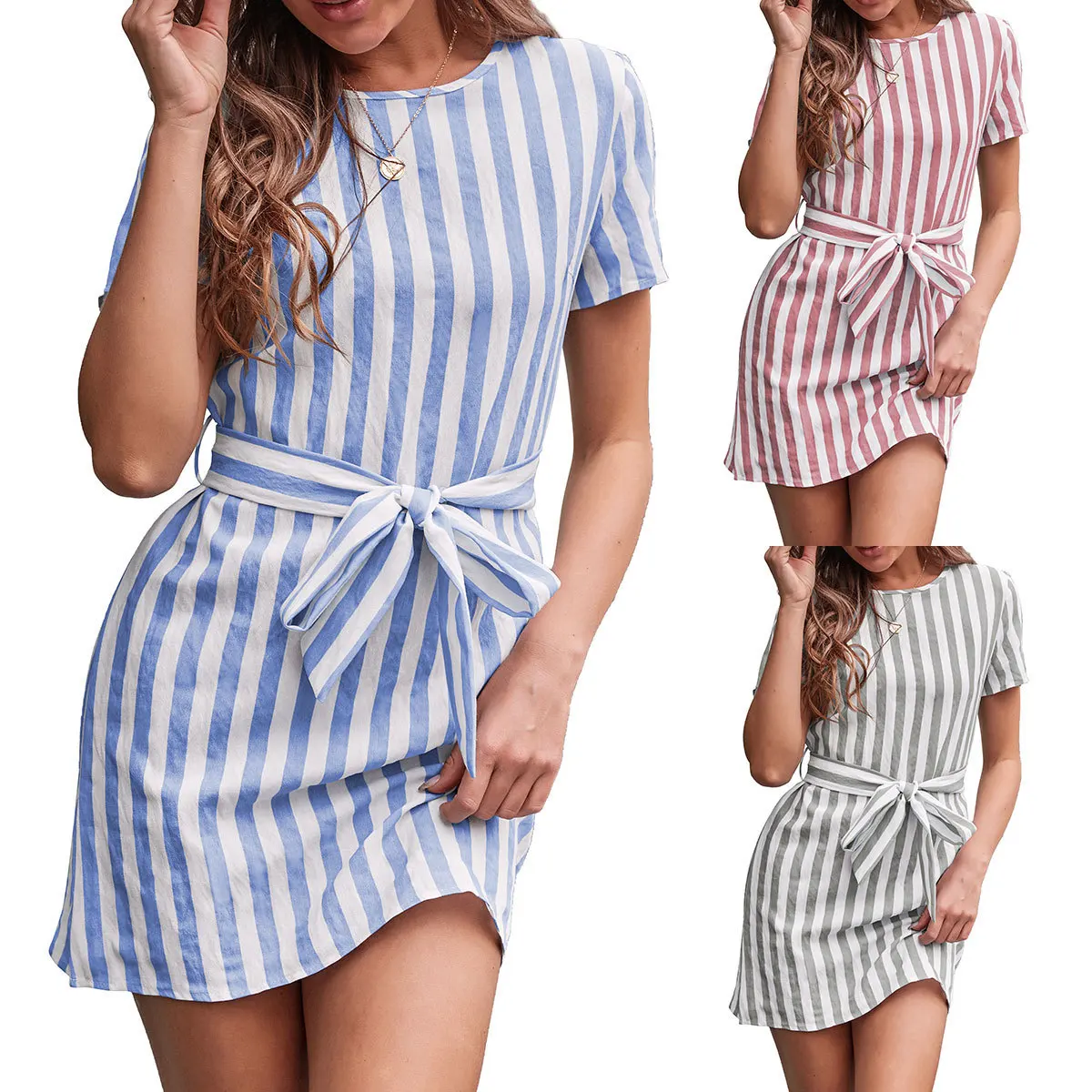 

Women Crew Neck Tie Waist Blue Pink Striped Knee Length Casual Dress