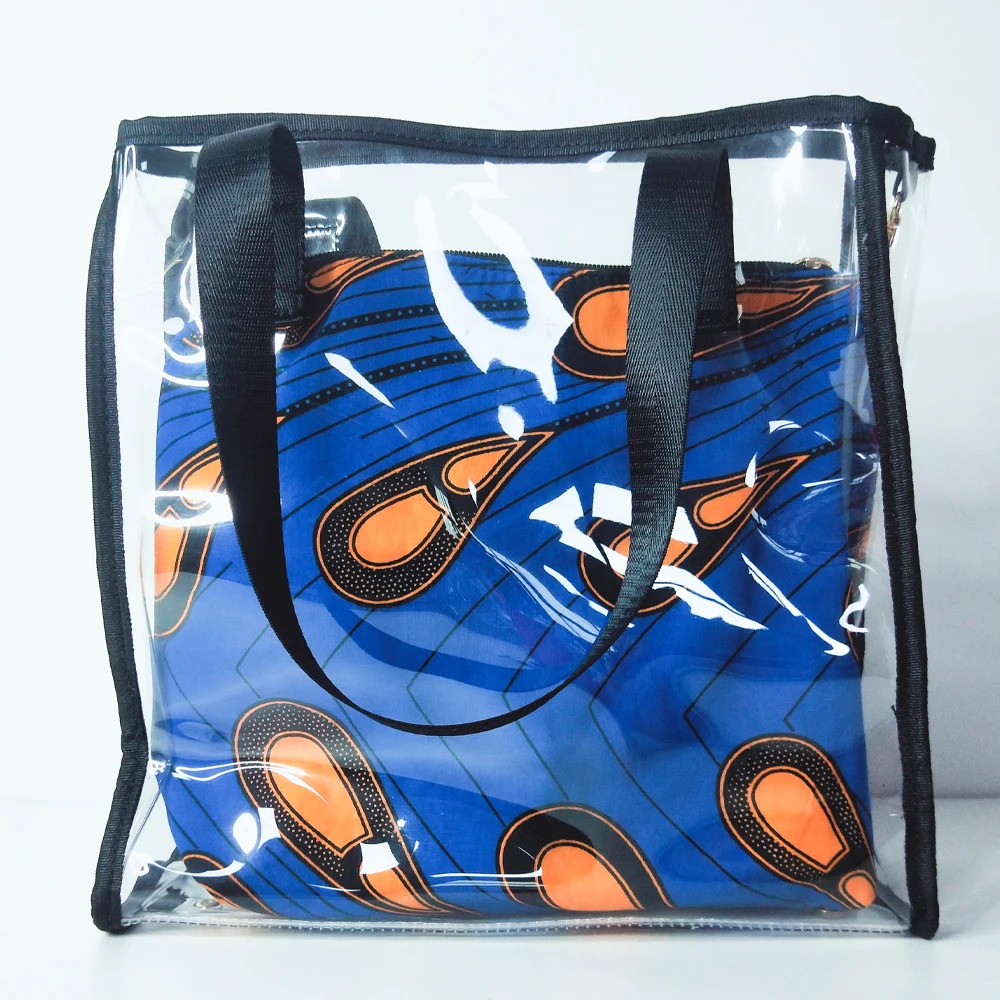 

2021 Unique design PVC bag with african fabric Printing Clutch Wax Shopping Handbag women shopping bag party bag, Customized color