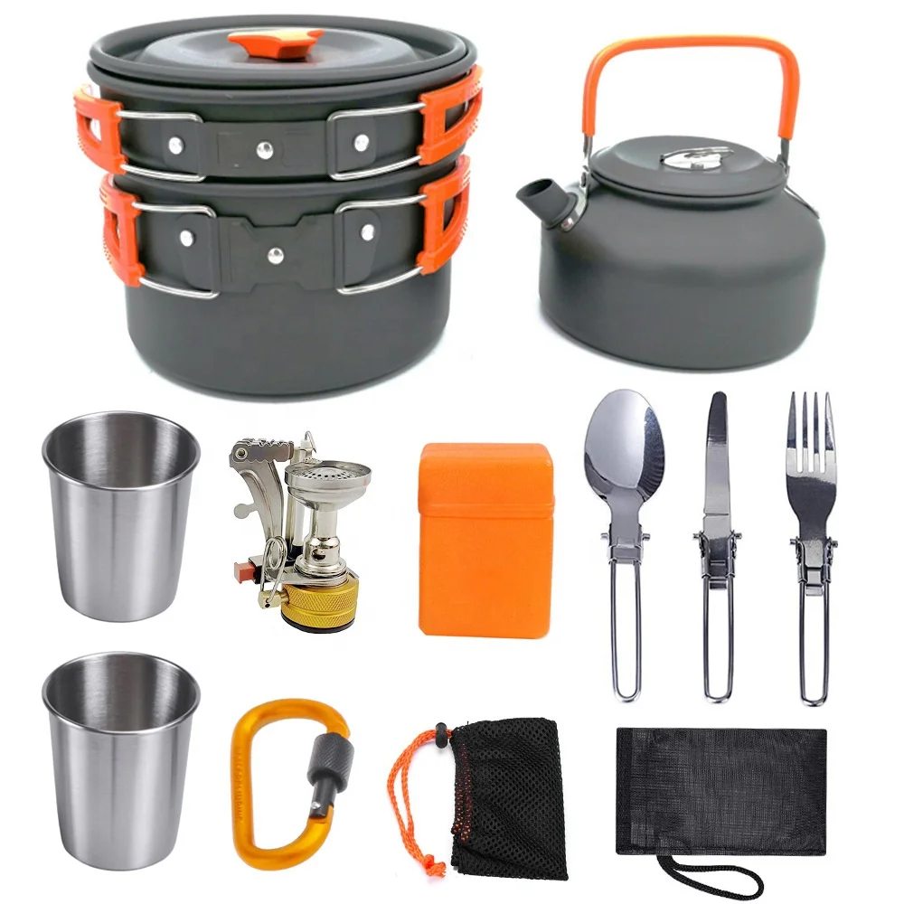 

New selling outdoor set of boiler head teapot with combined portable stove camping equipment, Orange,black,green