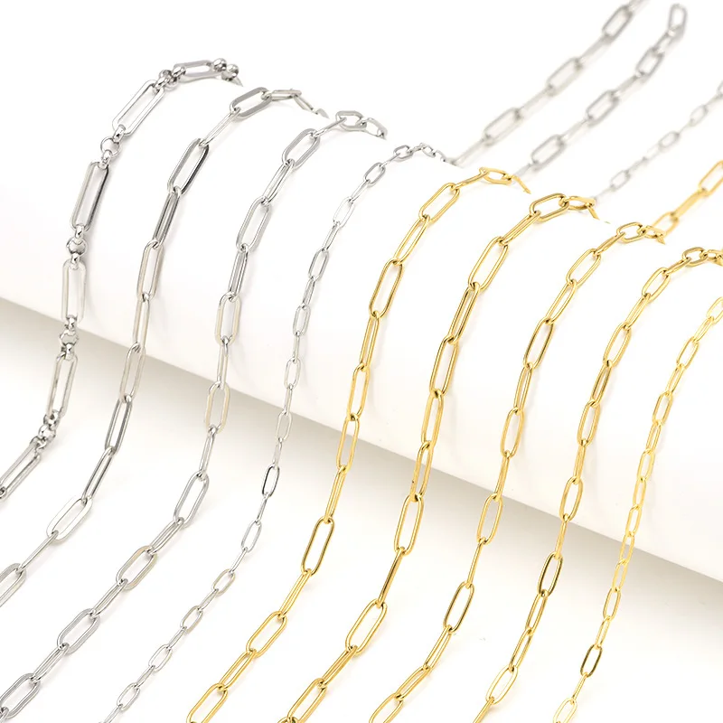 

Multi sizes long cross paper clip chain stainless steel gold PVD round wire and flat wire paper clip chain