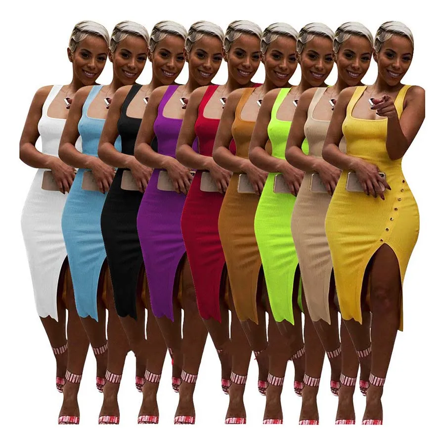 

Foma LM9065 multicolor women sleeveless dresses side spit knitted sexy elastic bodycon midi tank dress with button, 9 colors