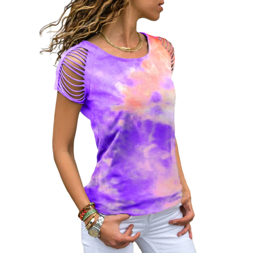 

Wholesale Casual Women Tie-Dye Hole Burnt Strapless Loose Oversized Short Sleeved Ripped Cotton T-Shirt 2021 Summer, Pink,purple,sky blue,burgundy,green,color blue