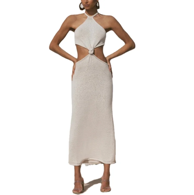 

Elegant Sleeveless Sexy Halter Tie Cut-Out Midi Dress Party Club Backless Fashion Summer Dresses Bodycon Outfits