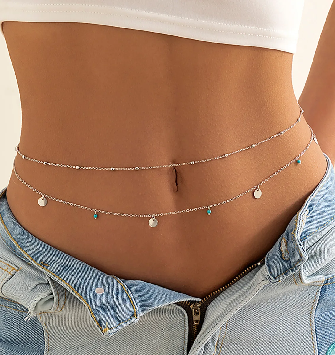 

Hot Sale Body Chains Round Beads Chain Geometry Simple Sequin Pendant Double-layer Waist Chain For Women And Girl, Picture color