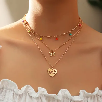 

2021 Fashion Style Colorful Bead Chain Choker Necklaces 14K Gold Plating Butterfly Heart Pendant Necklaces