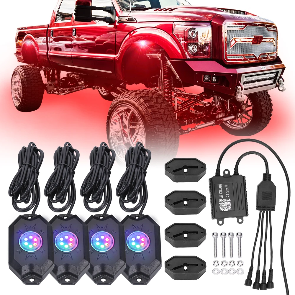 

New 4 pods App Control Changeable Color RGB Rock Light Led Kit with Blue-tooth Control Underglow Multicolor for UTV ATV, Rgb color