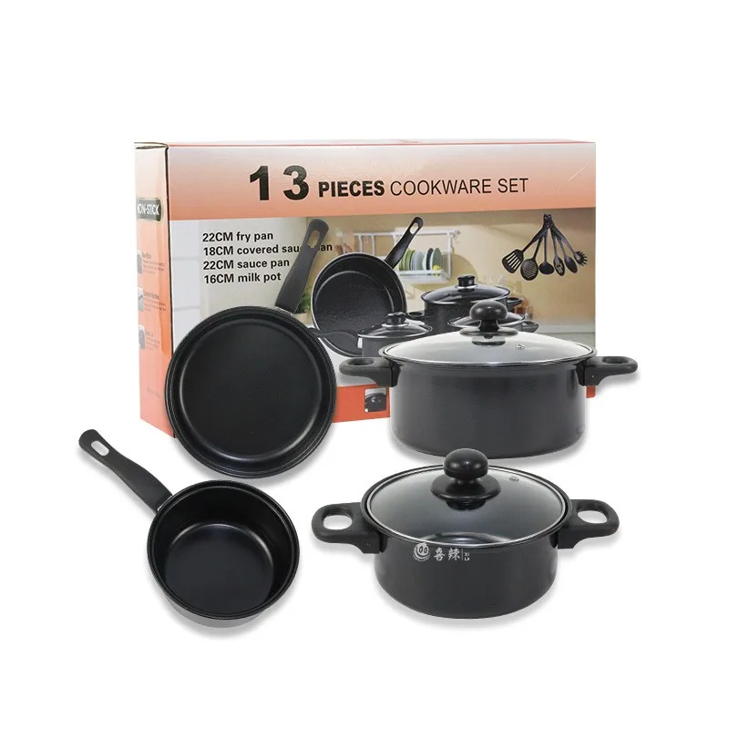 

13pcs cheap kitchen housewares iron non stick desini kitchen pots cookware sets, Black