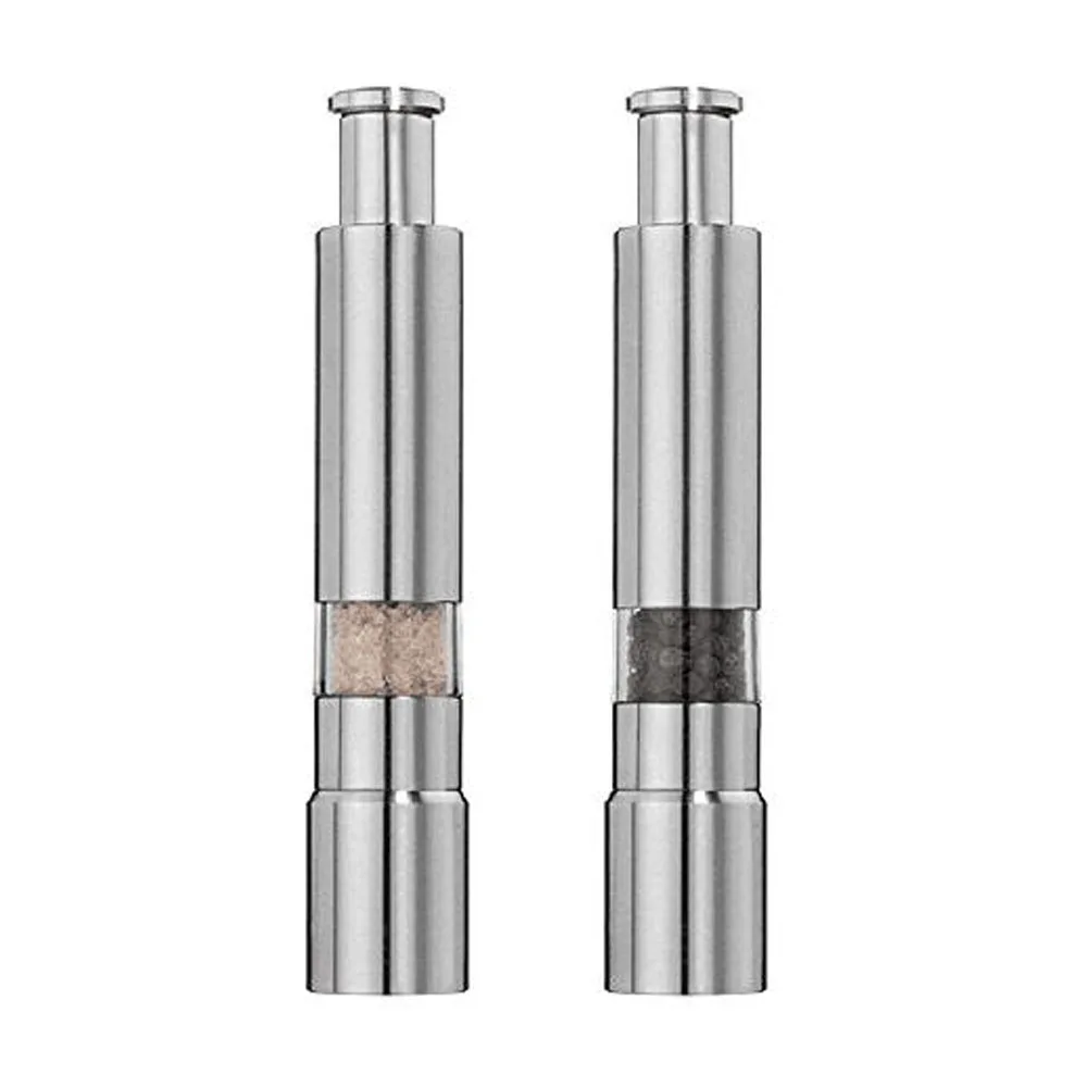 

Stainless Steel Thumb Push Mini Salt and Pepper Mill Grinder Set with Holder