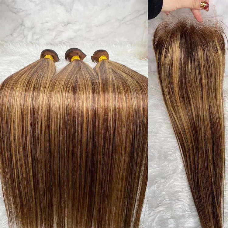 

12A Highlight #4 and #27 Virgin Brazilian Cuticle Aligned Human Hair Bundles Extension Weft With 5*5 Super Thin HD Lace Closure