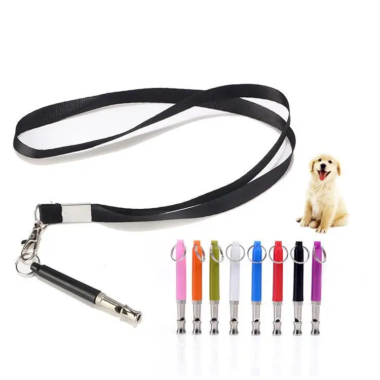 

Customized training stop dog barking whistle dog ultrasonic metal dog whistle with black strap lanyard