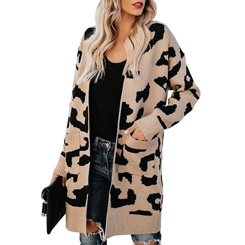 

Ladies Autumn Long Knitted Leopard Print Outwear Sweater Cardigan