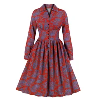 

Wholesale Amazon Hot Sales 2097 Women Long Sleeves Floral Pattern Print Vintage Button up Shirt Dress