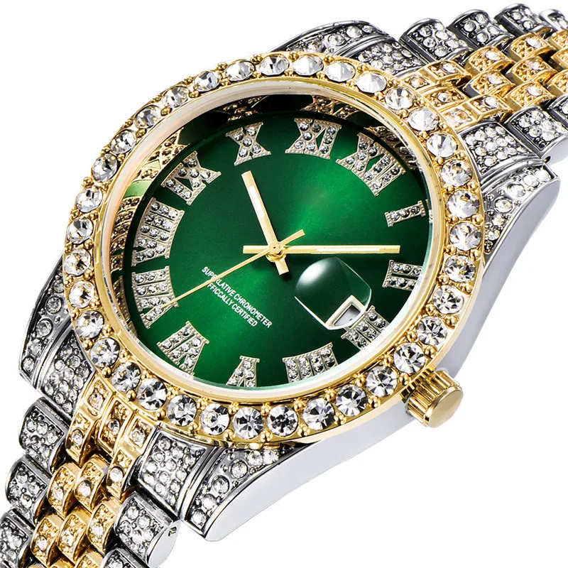 

Dropshipping Luxury Low Moq Quartz Bling Rhinestones Iced Out Hip Hop Watch Green Gold And Silver Full Diamond Watches Men