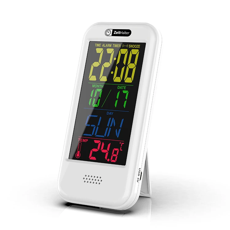 

Unique Color Screen Plastic ODM OEM Chronograph Digital Alarm Clock Temperature Children Calender Clock, White + black