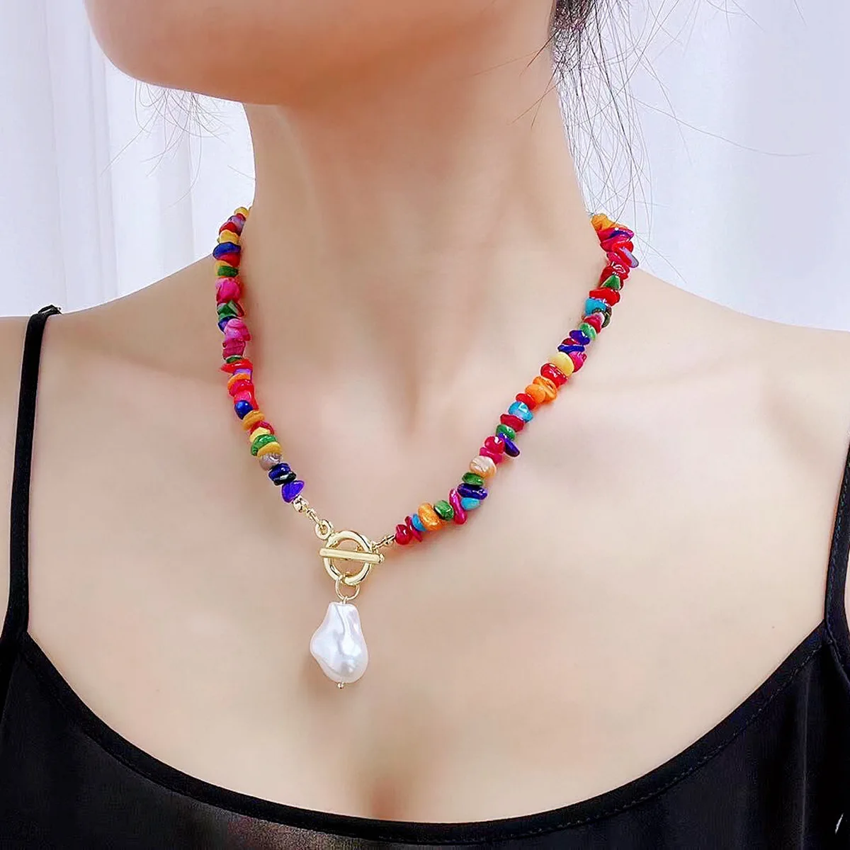 

Hot Selling Niche Metal Coin Natural Pendant Trend Beaded Multi-layer Colored Stone Necklace for Women, Multicolor