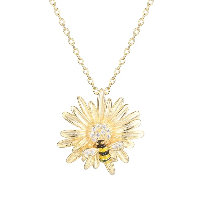 Fashion Jewelry 925 sterling silver gold plated zircon flower Bee jewelry necklace