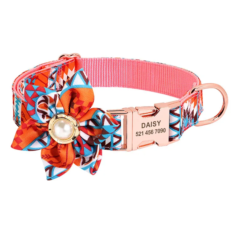 

Personalized Adjustable Pet Polyester Webbing Flower Fabric Pattern Metal Buckle Dog Collar, More colors for option